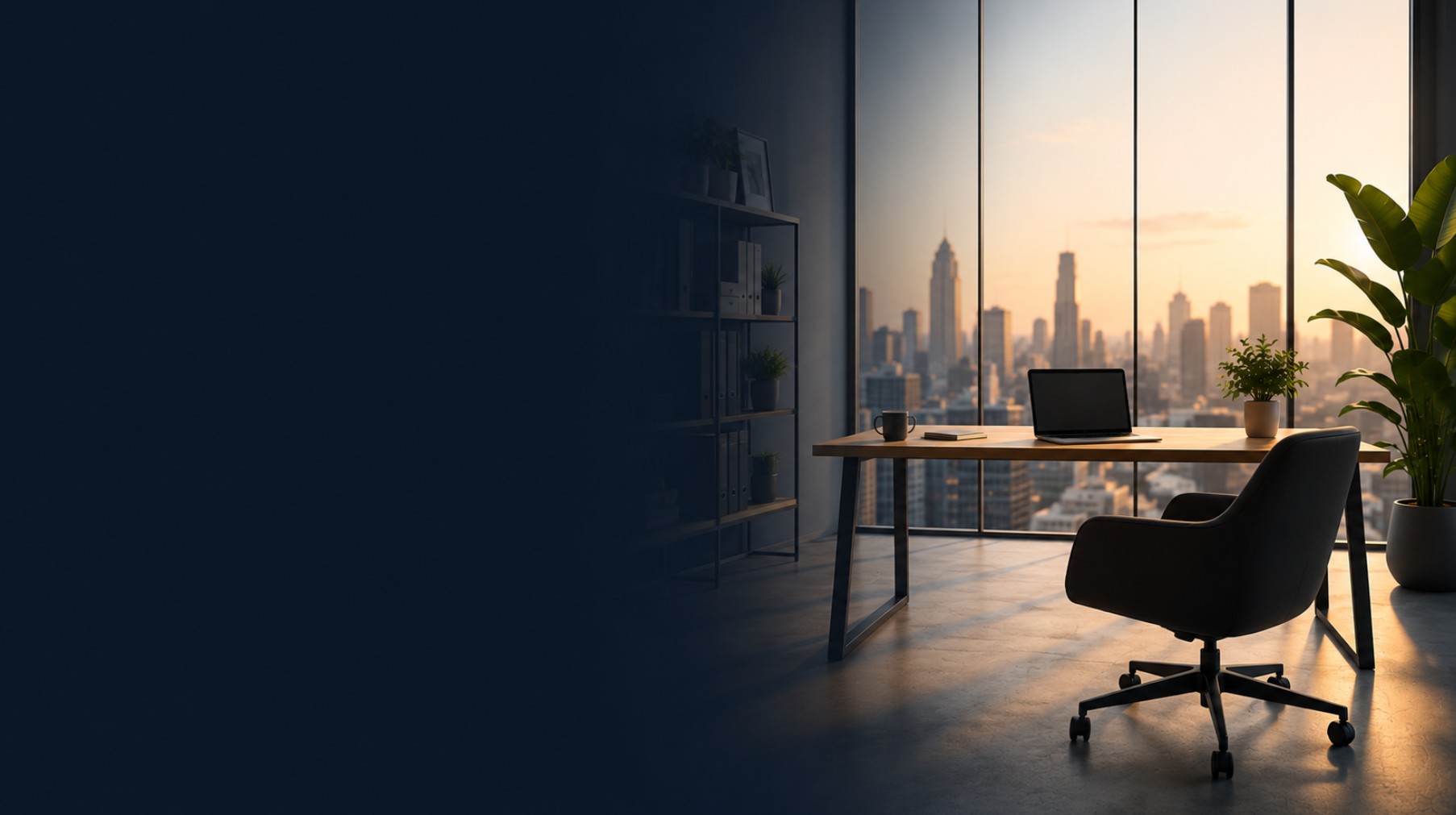 Bureau d'entrepreneur avec vue sur la ville au crépuscule